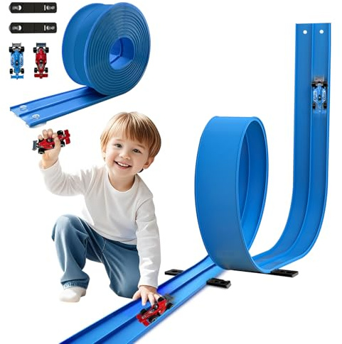 Autorennbahn Rennbahn 4.5M für Hot Wheels, Flexible Rennstrecke Auto Autorennbahn Rennbahn Spielzeug ab 3 4 5 6 Jahre,Rollt Auf Tragbare Dual Rennstrecke Bahn für 1/64th Autos