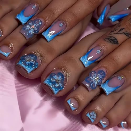 48 Pieces Pink Sticker Nails, Long Square Nails & Sticker Toenails Set, Spring Blue, French Fingernails, Nail Art Tips, Adhesive Nails, Acrylic Nail Set