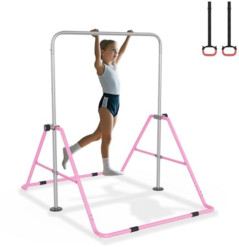 NAIZY Reckstange Outdoor Kinder Gymnastikstange Höhenverstellbar Turnstange mit 2 Turnringe, Faltbarer Turnreck für Indoor Garten Turnen