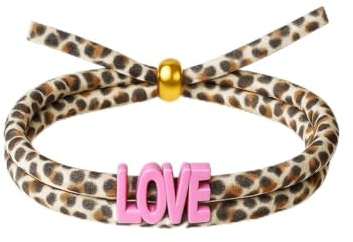 Generisch Leo Armband, Ibiza Style, Leopardenmuster Wickelarmband verstellbar, Freundschaftsarmband, Selfmade, Boho, Festival (Beige-Braun LOVE rosa Perle gold)