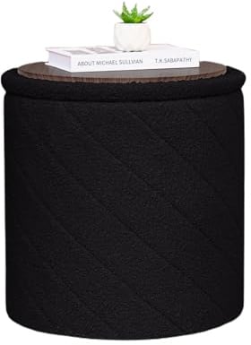 Bonlife Runder Hocker Ottoman mit Stauraum, Klappbarer Hocker mit Deckel, Boucle Frisierhocker für Wohnzimmer, Schlafzimmer, Eingangsbereich, Schwarz, 43x43x45cm