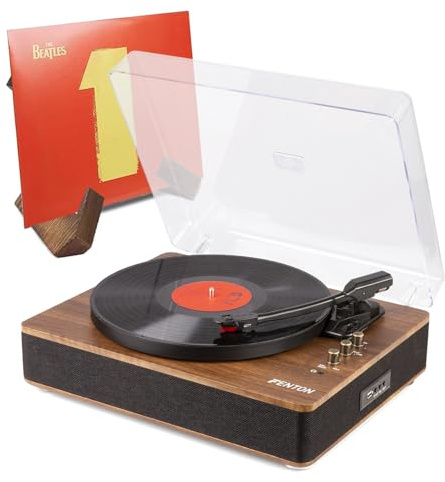 Fenton RP162 Walnut Vinyl Turntable with Built-in Stereo Speakers, Bluetooth Input & Output, Vinyl Holder, USB MP3 Recorder, Retro Record Player with Inbuilt Speaker for Home Audio