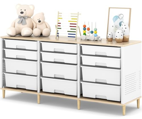 KINGRACK 12 Kommode – Mit Einer Tischplatte aus Holz Multifunktionaler Komodenschrank für Zuhause & Büro, Platzsparendes Design, Einfache Montage (Weiß)