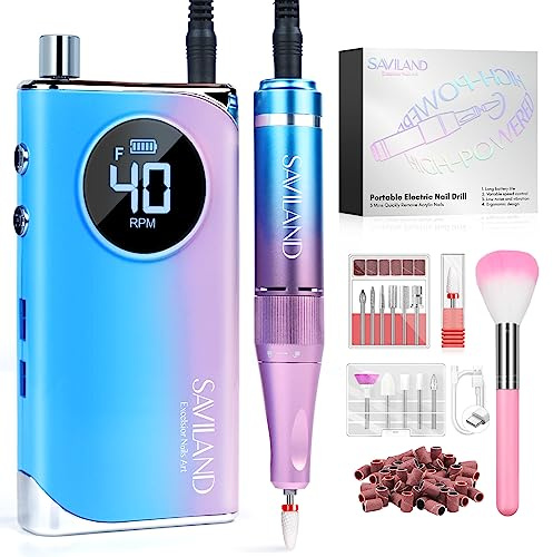 Saviland Electric Nail File 40000 RPM: Professional Portable Rechargeable Nail Drill Machine with 12 Drill Bits Kit for Acrylic Gel Nails Manicure and Pedicure Set Salon Home
