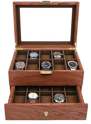 Coniaio Uhrenbox 20 Fächer aus Holz mit Schlüssel, Luxuriöses Kunstlederinterieur, Herausnehmbare Uhrenkissen, Ideal als Geschenk für Männer und Frauen