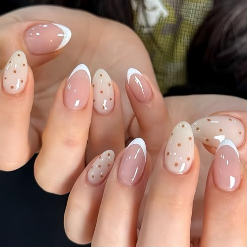 SXVME White French Tip Press On Nails Almond, Polka Dot False Nails Short, Fake Nails with Designs, Cute Brown Polka Dot Nails Press ons, Reusable Glossy Soft Gel Glue On Nails for Women, 24 Pcs
