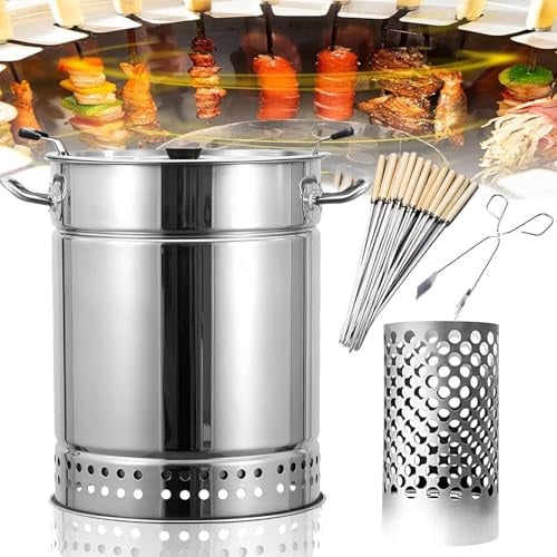 Tragbarer Holzkohlegrill Vertikaler Grill, rauchfrei, 360° Rotisserie für Outdoor & Indoor Camping, ideal zum Grillen und Grillen, Silber Klein (22 Spieße)