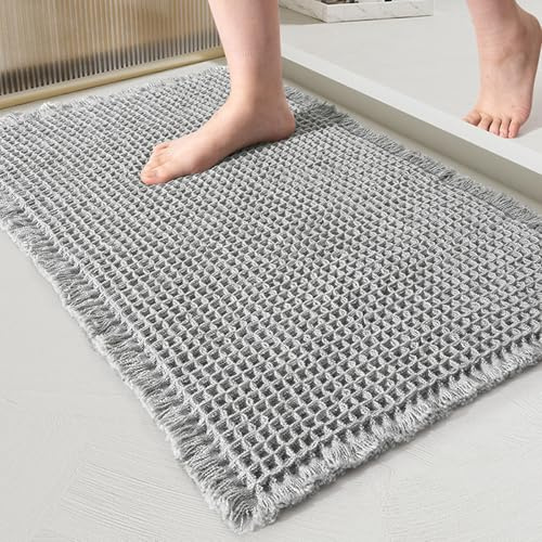Swsen Waffel-Badematte aus Baumwolle, rutschfeste Badezimmermatte, saugfähig und schnelltrocknend, waschbarer Badteppich für Dusche und Bad, Grau, 50 x 80 cm