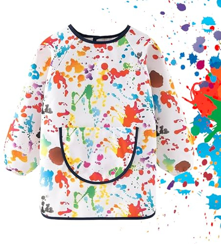FYting Tablier peinture enfant, blouse peinture enfant, tablier enfant, Matériel TPU sûr, Finition fine, poignets élastiques, imperméable, ne salera pas les vêtements(Boules colorées)