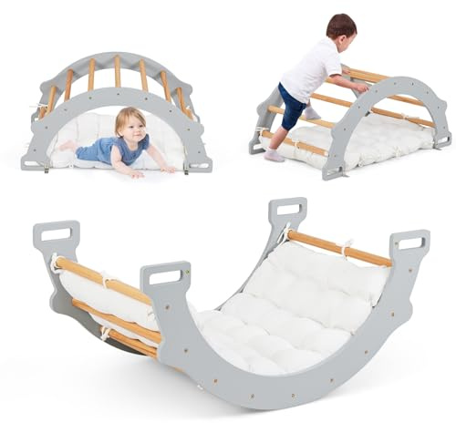 HOMASIS Kletterbogen mit Kissen, Holz Klettergerüst Indoor, Montessori Holzwippe Bogenwippe zum Wippen & Klettern, Picklerdreick Baby, Kletterdreieck Klettergeräte für Kinder ab 3 Jahre (Grey)