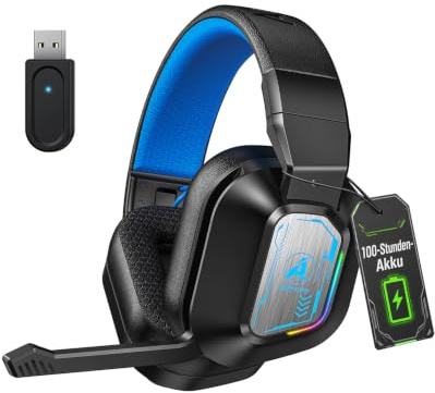 Faltbar Gaming Headset Wireless mit Mikrofon für PS5 PS4 PC Handy, 100-Hr | Surround Sound, LED-Licht, Noise-Cancelling-Mikrofon, 50mm-Treiber, 3D Audio, Niedriger Latenz(≤20ms), Schwarz Blau