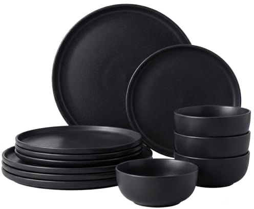simpa 12PCS Époque Matt Black Glaze Stoneware Dinner Set: 4 Dinner Plates, 4 Side Plates & 4 Bowls. Dishwasher & Microwave Safe.