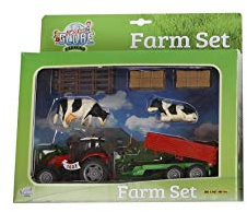 Kids Globe Bauernhof-Spielset (Traktor mit Anhänger, 2 Kühe, 2 Strohballen, Weidezaun, für Bauernhöfe + Pferdehöfe) 510727