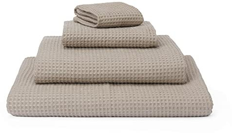 URBANARA Premium Badetuch Kotra 100x135 cm - 50% Leinen & 50% Baumwolle - fusselfrei & schnelltrocknend Handtuch Waffelpique Öko-Tex 100 - Beige & Elfenbein