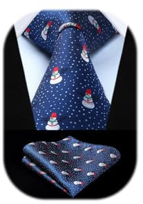 HISDERN Blau Weihnachts Krawatte für Herren Schneemann Muster Xmas Party Festlich Krawatten & Einstecktuch Set Mode