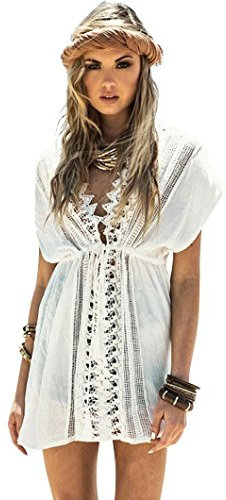 HOMEBABY Women Beach Cover Up - Girls Beach Dress Chiffon Lace Long Suit Bikini Swimwear Beach Swimsuit Smock Holiday Cover Ups Summer Cardigan (Bust:47.25, White)