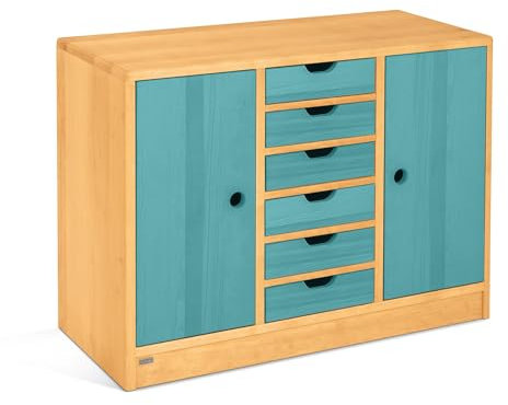 BioKinder Kommode Sideboard Spielzeug-Regal Robin mit 2 Türen und 6 Schubkästen aus zertifiziertem Massivholz Erle und Kiefer Ozeanblau lasiert 86 x 64 x 37 cm