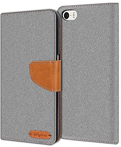Verco für iPhone 4S Hülle, Schutzhülle für Apple iPhone 4 Tasche Denim Textil Book Case Flip Case Klapphülle, Grau