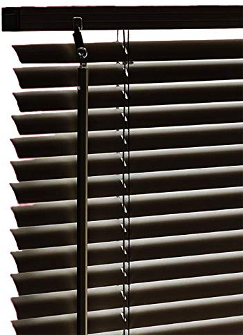 PVC & Wood Wooden Grain Effect Window Venetian Blind Blinds Easy Fit Privacy Curtains Trimmable Fittings Windows Treatment Shutters Twist Open Close (Black-PVC, 210 x 150 cm)