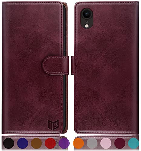 SUANPOT [RFID Schutz für iPhone XR 6,1-Zoll hülle PU Leder handyhülle Lederhülle klapphülle Kartenfach Flip Phone Case Cover für iPhone XR handyhülle Rotwein