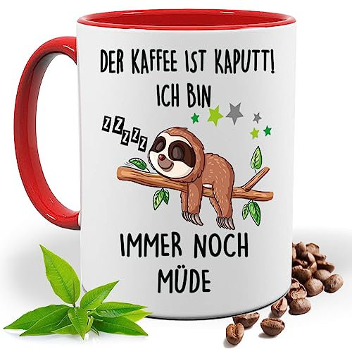 Blickfang Lustige Tasse mit Spruch |DER KAFFEE IST KAPUTT ICH BIN IMMER NOCH MÜDE | Faultier | Kakao- Kaffee- Tee- Fototasse| Geschenke für männer frauen | Keramik Tasse |Spülmaschinenfest (Rot)