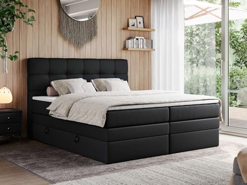 MKS MEBLE Boxspringbett 140x200 mit Bettkasten und Kopfteil, Bett mit Matratze H4 und Topper T25 - Boxbett - Schwarz Kunstleder - ERNI King