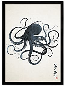 Strand Clothing Japanische Oktopus-Kalligraphie-Kunstdruck-Poster – Holzblock Ukiyo-e Wandkunst (A3 schwarzer Rahmen, klein)