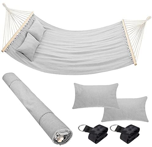 Bakaji Amaca da Giardino Doppia 2 Posti 232 x 148 cm Barre Trasversali in Legno Rivestimento in Poli Cotone con 2 Cuscini e Cinghie Design Moderno Per Giardino Terrazzo Campeggio (Grigio Chiaro)