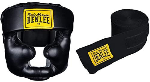 BENLEE Rocky Marciano Kopfschützer Full Protection, Schwarz, L/XL & BENLEE Unisex-Adult Rocky Marciano Boxbandagen, Schwarz, 3m