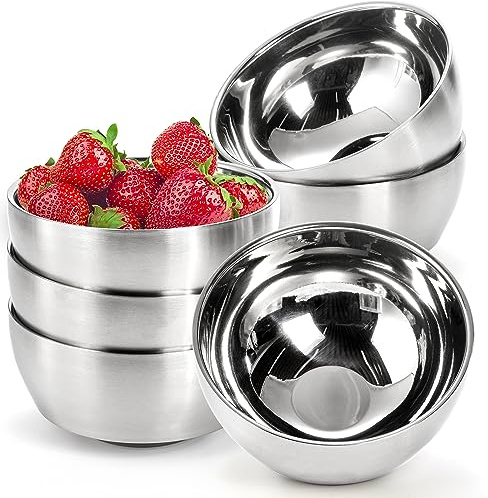 Pumtus 6 Pack Small 304 Stainless Steel Bowls, 16 OZ Double-walled Insulated Metal Bowls, Lightweight Salad Bowl, Nesting Soup Cereal Bowls, Serving Bowls for Rice, Noodles, Dishwasher Safe