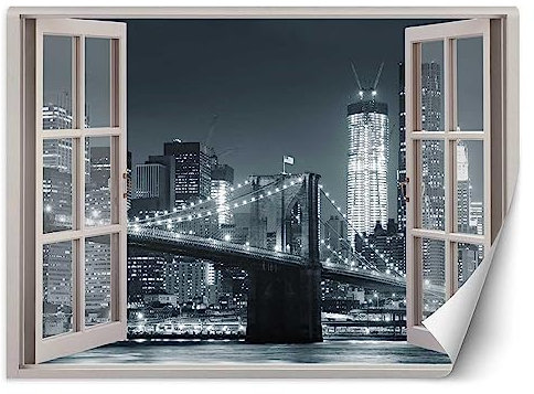 Feeby Papier peint Vinyle Premium New York Vue De La Fenêtre 210x150 cm XXL Moderne Décoration Murale Muraux Tapisserie Salon Chambre à coucher Bureau Couloir Hôtel Le Pont De Brooklyn noir et blanc