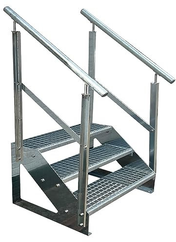 Kaminbau Mierzwa Premium Treppe Freistehend 3 Stufen beidseitigem Geländer (Breite 1400 mm) (Höhe 57cm) Wetterfest Gitterroststufe Gartentreppe
