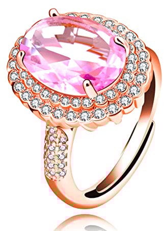 Uloveido Rose Gold Plated Adjustable Created Pink Toumaline Rings, Big Oval Stone Solitaire Engagement Rings for Her Y664 (Pink, Rose Gold)