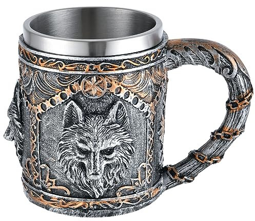 Raise a Toast to Norse Heritage with our Nordic Viking Rune Mug- Stainless Steel and Wooden Beer Tankard. Perfect Viking Gift for Men, D&D Mug and Norse Decor for Any Occasion! (wolf)