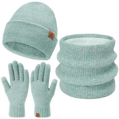 Damen Herren Winter Warm Beanie Mütze Loop Schal Schlauchschal Touchscreen Handschuhe Set mit Fleece Gefütterte Wintermütze Strickmütze Mützen Frauen Geschenk Weihnachten, (3 Stück) Mintgrün