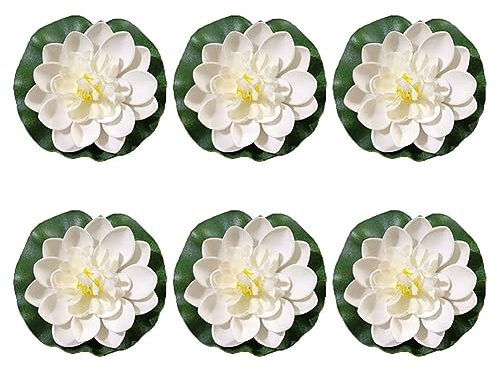 GSHLLO 6 Stück künstliche Schaumstoff-Lotus, künstliche Seerosen, schwimmende Teichpflanzen, Dekoration, realistische Lotuslilie, Ornamente für Pool, Aquarium, Weiß