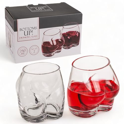 MIJOMA Lot de 2 élégants verres Bottoms Up en forme de fesses, passent au lave-vaisselle, verre transparent, idéal pour les cocktails, boissons chaudes et froides, 250 ml, 7 x 5 x 9 cm