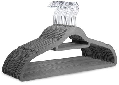 KEPLIN Velvet Hangers 20 Pack - Non-Slip Clothes Hangers with Tie Bar & 360° Hook - Durable & Sturdy, Space-Saving Wardrobe Organisers for Suits, Jackets & Clothes- Home Storage Solution (Grey)