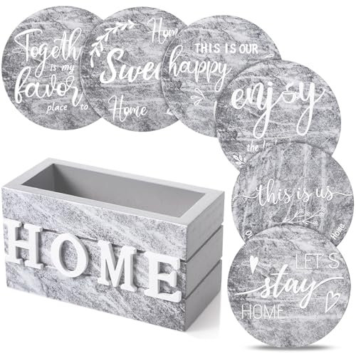 Queekay Housewarming Gifts for Home Decoration Wooden Heart Coasters for Drinks 6 Set Farmhouse Coasters with Holder Funny for Family Coffee Table Protection, 4''(Gray Marble,Home)