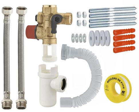Kit Groupe de sécurité droit norme NF 20x27 (3/4) siège laiton + siphon + flexibles d'alimentation + flexible évacuation + teflon + fixations murale chauffe eau/cumulus NOYON & THIEBAULT