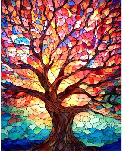 DIY Paint by Numbers for Adults, Tree Canvas Oil Painting Kit for Adults, Stained Glass Craft Art Painting Kit Acrylic Pigment Drawing Paintwork for Gift Home Wall Decor 12x16 inch (Without Frame)