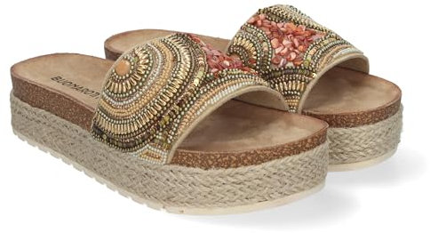 83525 Sandalia Plana de Mujer, Comoda y Elegante, Diseno Moderno, Estilo Bio, Forrada de Yute y con Piedras de Strass en la Pala. Oro Talla 39