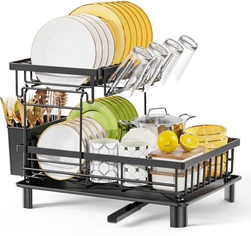 LIONONLY Escurridor de Platos,2 Niveles Gran Estante de Secado de Platos con Bandejas de Goteo, Soporte de Cubiertos,Estante de Tazas und Puerta de Boquilla Giratoria,Escurreplatos sobre Fregadero