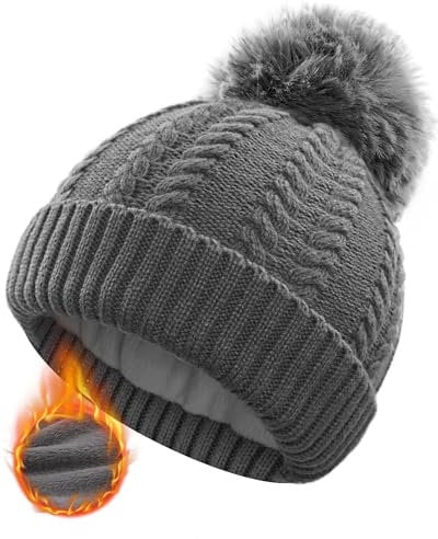 FORVEVO Mütze Damen Winter,Warme Wintermütze mit Fleece Futter,Thermo Bommelmütze Mädchen,Beanie Abnehmbarem Pom Pom für Outdoor Skifahren(HellGrau)