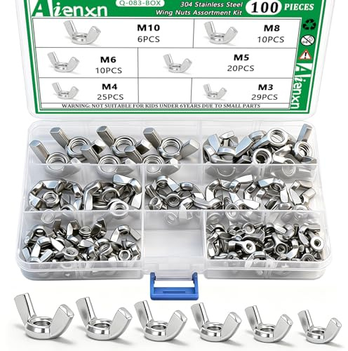 Aienxn 100PCS Metric Sizes Wing Nuts Assortment Kit, 304 Stainless Steel M3, M4, M5, M6, M8, M10, Parts Butterfly Wing Nut, Wingnuts Fasteners