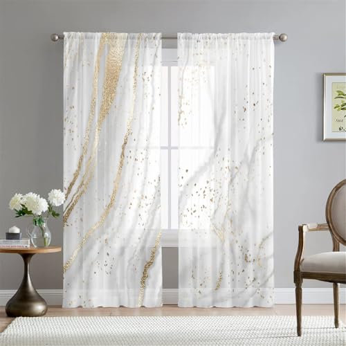 Hiseng Gardinen Vorhang Küche 2er Set Weiß Marmor Voile Vorhänge Halbtransparent Schiebegardinen Moderne Voile Vorhang Gardine für Wohnzimmer Schlafzimmer Fenster (Gold,132x215cm)