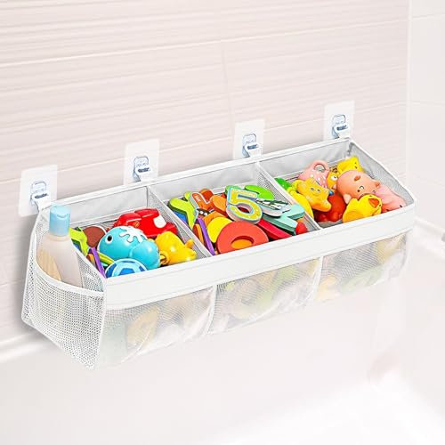 Bath Toy Storage Net, 67cm Mesh Baby Bath Toy Holder Bag, Bath Toy Tidy for Accessing & Sorting Toys, Bath Toy Organiser with 3 Horizontal Large Openings, 2 Side Pocket and 4 Strong Suction Hooks