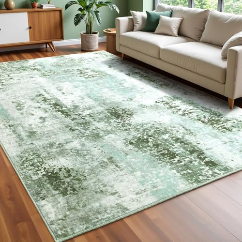 Macgace Moderner abstrakter Teppich für Wohnzimmer, 1,5 x 1,8 m, maschinenwaschbar, mit rutschfester Unterseite für Schlafzimmer, weicher Bodenbelag, moderner Teppich für Esszimmer, Heimbüro, Grün