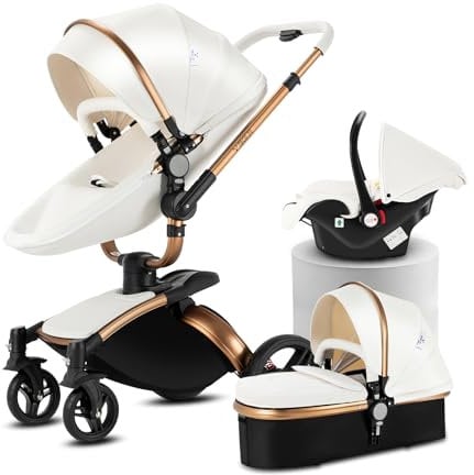 Doraystar 360° Drehung PU-Leder Kinderwagen 3 in 1, Kombikinderwagen 3 in 1 mit Zwei Umkehrbaren Schiebemodi, Kinderwagen Komplettset mit Ein-Klick-Faltdesign, Rahmen Aluminiumlegierung (906 White)