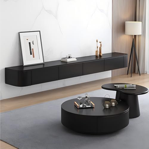 ATHOMASM Meuble De Rangement TV Flottant Étagère TV Peu Encombrante en Bois Massif Console Multimédia Flottante avec Porte Et Tiroir Élégant Meuble De Rangement TV Mural(Noir,200cm)